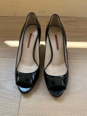 Prada Black Patent Peep-Toe Heels